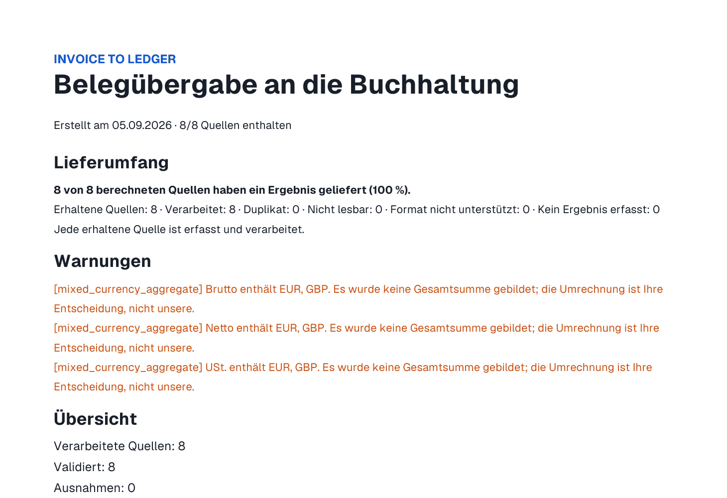 Lieferumfang, die akzeptierte Summe neben der erfassten und die zwei Prüfhinweise aus dem Lauf